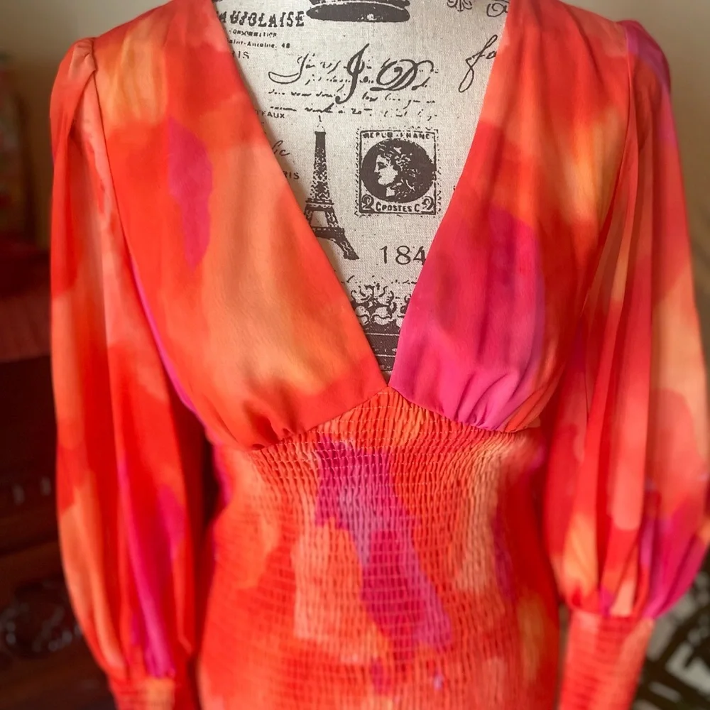 ~ All About May ~ Sunset Watercolor Smocked Chiffon Dress ~ US 6 - Picture 2 of 7